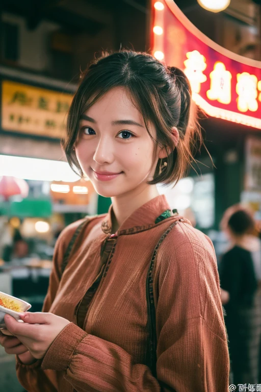 (highest quality, masterpiece:1.2), Beautiful 18 year old Caucasian girl, very cute, blouse, 1 1.8, Soft Light, Raw photo real, The skin texture is very fine, Without makeup, Joyful、looks fun、Chinatown,Meat Bunを食べる、 short hair, Depth of written boundary, High resolution, Very detailedな, In detail, Very detailed, Very detailedな目と顔, Sharp pupils, Professional Lighting、Professional photography、Photorealistic、live-action、Meat Bun、eating