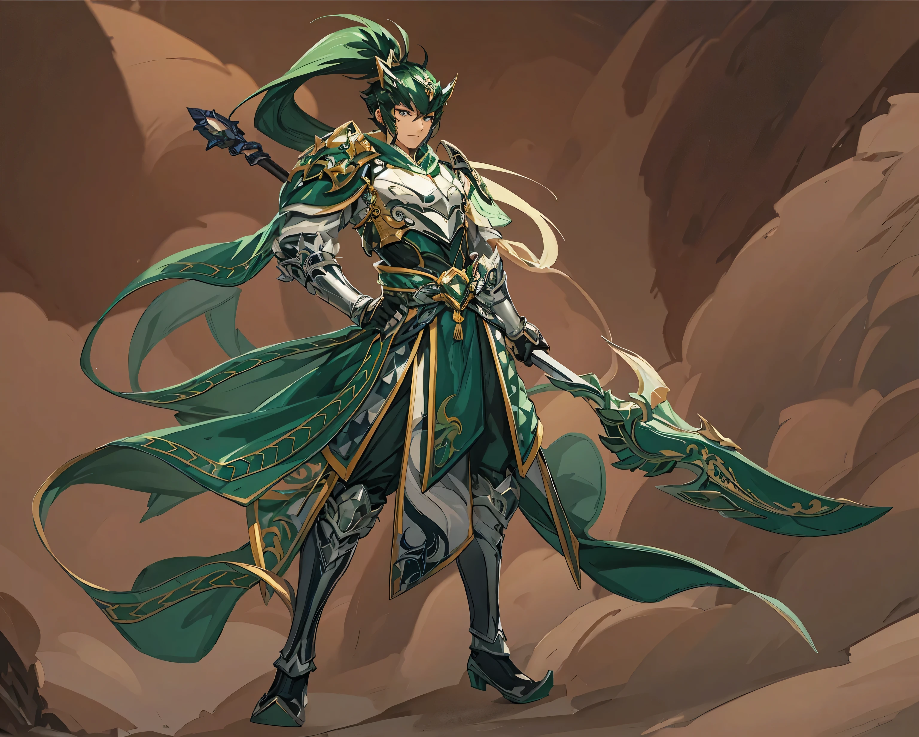 male，Military commander,Guan Yu，Black long beard，Green and gold sword，Gold armor，Black hair，Green clothes，Three Kingdoms，warrior