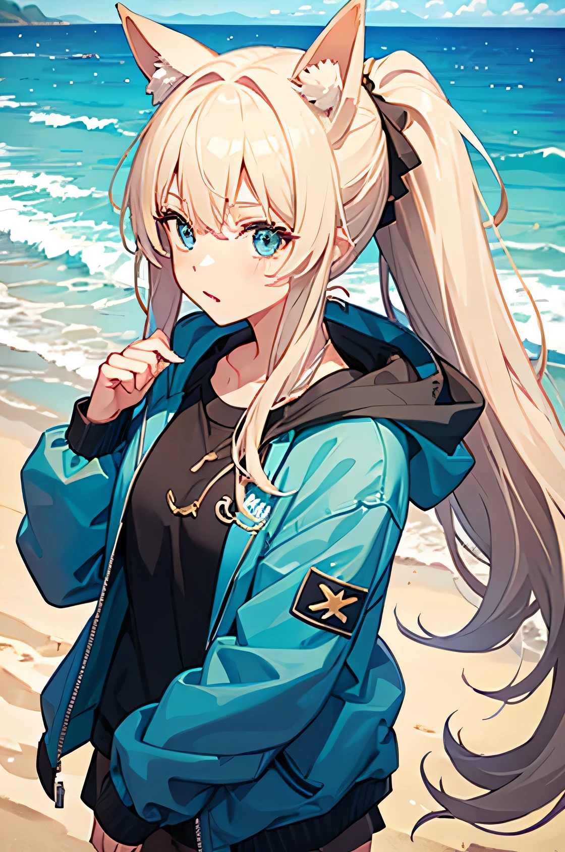 Girl With Animal Ears,Beach, Ponytail,Jacket