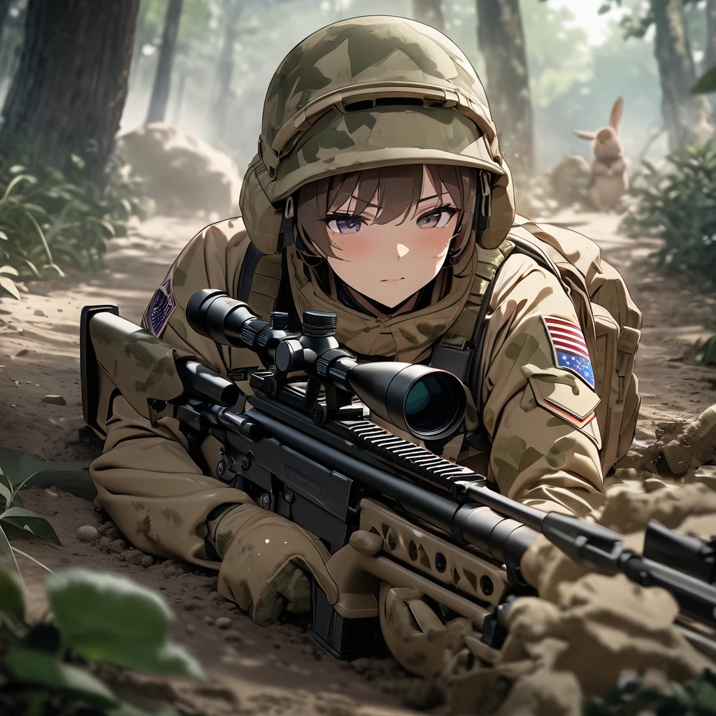 High quality, high definition, high precision images,8k Full HD.1 girl.America,army Modern soldier,Hide in the bushes and assume a sniper position,sniper rifle,Put on a helmet,(camouflage) (Lying on the ground).(Full face camouflage makeup),Covering the body in a giri suit.Brown rabbit, covered in mud、Distant Viewpoint、rabbit 