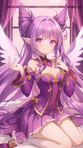 purple drill hair,cute lady, happy, smile,,thin,,,tall,,,room,glitter,heart,vivid,,wings,ears,tail,magic ,sit,open mouth,blunt bangs,arch eyebrows,noon,window,lips,skirt,luster、devine light effects, magic effect,glow eyes