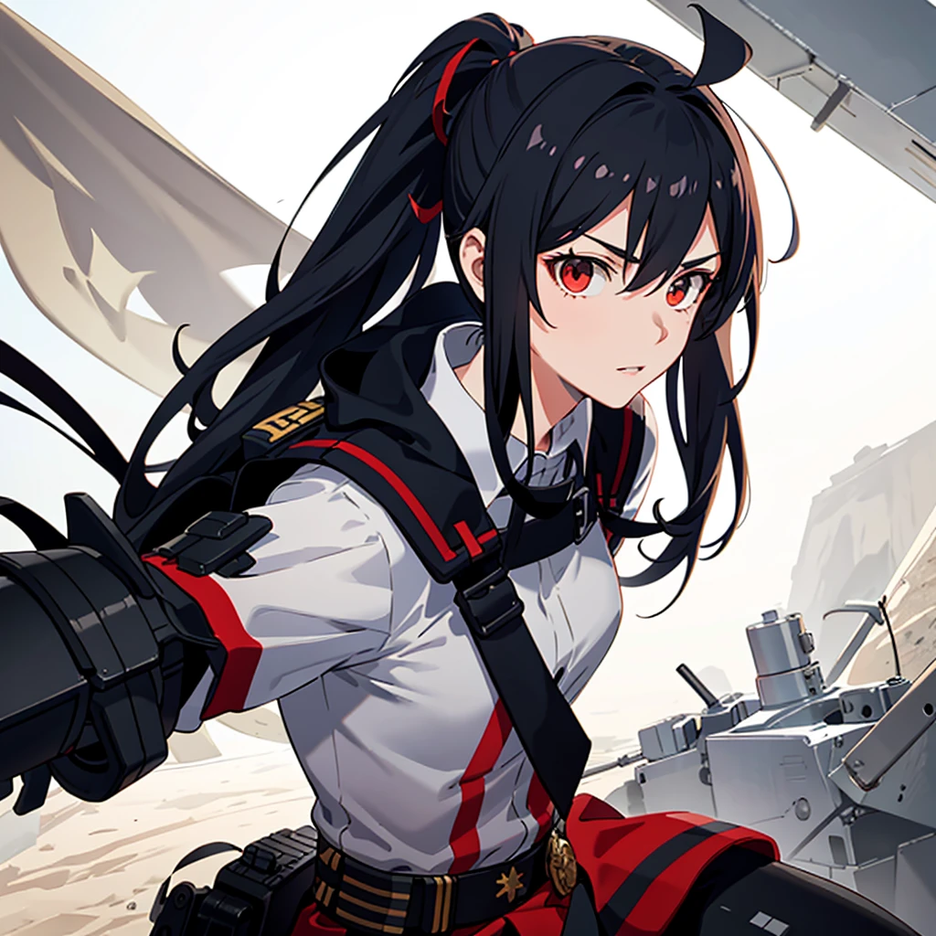 Anime girl, soldier in uniform, versatile and strong knight, long black hair tied up in a high ponytail, expressive hazel eyes reflecting determination, red and white military outfit, armor underneath, holding a sword with a firm grip, sun-kissed skin from battlefields, ultra-detailed and realistic rendering, 4K resolution, HDR lighting, bold and vibrant colors, dynamic shadows, sharp focus on facial features and weapon, professional texturing and shading.