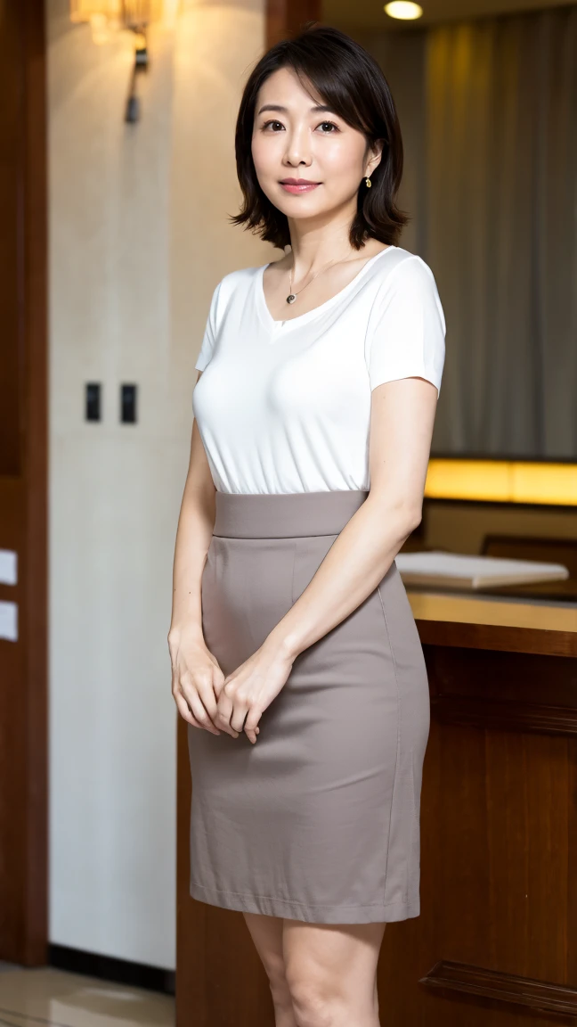 High resolution, highest quality, masterpiece, Textured skin, Anatomically correct, sharp, (((Full body photo))), (Shooting from the side), (Alone in the hotel lobby), (walking), ((Japanese Mature, 42 years old)), Nasolabial folds, Black straight hair, Semi-long hair, (Plump figure:1.1), Shapely small breasts, (Looking at the camera), Serious expression, (Business look), ((teacher)), Grey ribbed V-neck, sweater, Short sleeve, Formal tight skirt, pumps, necklace, Earrings