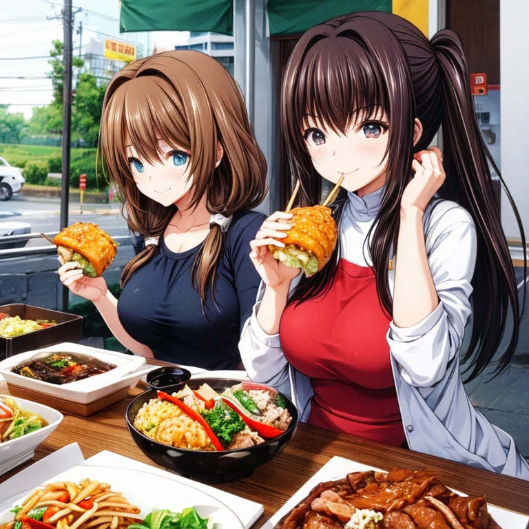 A woman eating Korean food and a woman eating Vietnamese food at a food stall　Tight clothing　highest quality