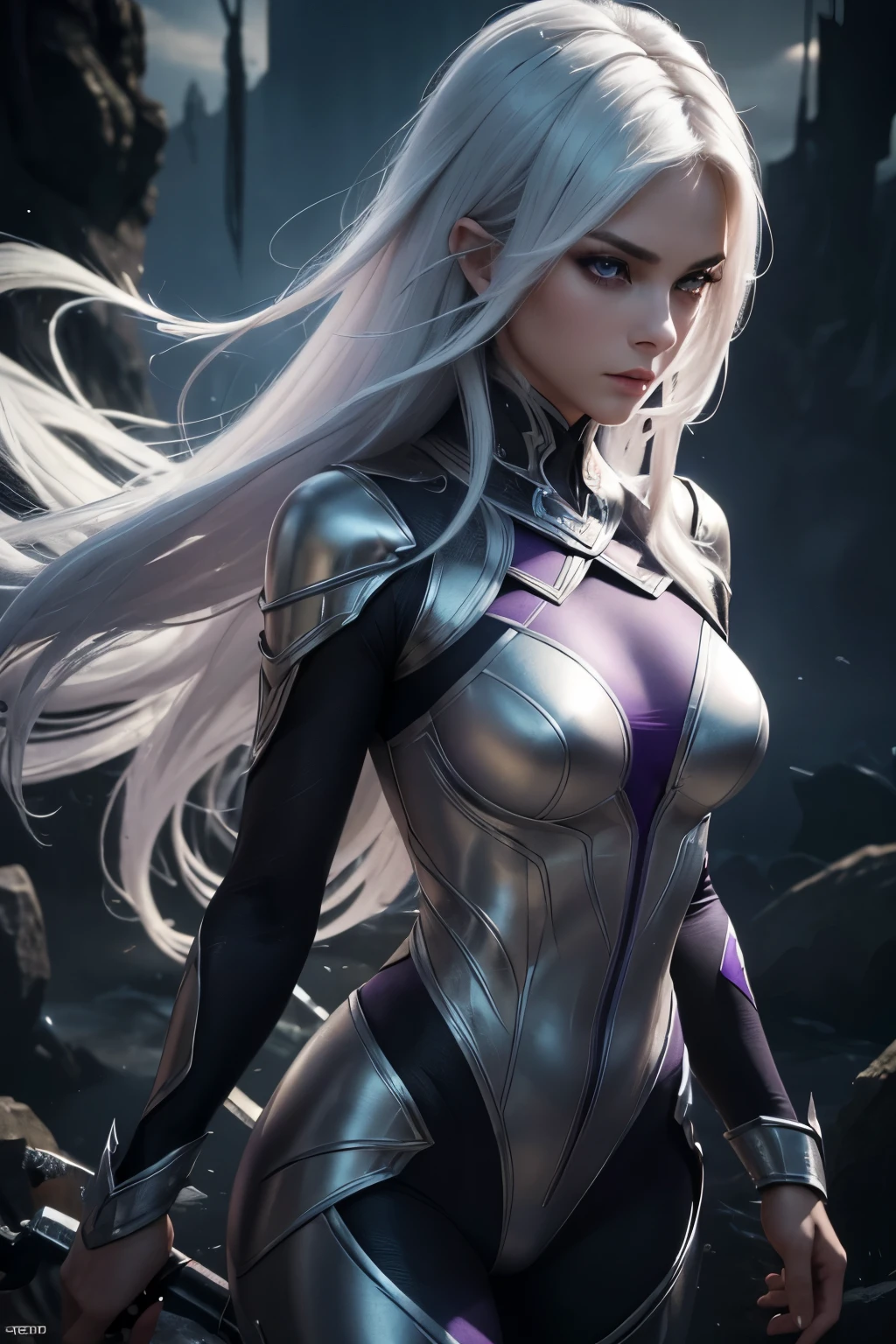(best quality,4k,8k,highres,masterpiece:1.2),ultra-detailed,(realistic,photorealistic,photo-realistic:1.37),illustration,medium,detailed face,large eyes,white hair flowing gracefully in the wind,elaborately designed white ninja suit with purple accents,sharp and sleek daggers held firmly in her hands,slim and toned physique with a hint of strength,graceful and seductive presence,cute and charming facial features,purple eyes shining with intensity and mystery,dark and mysterious place shrouded in shadows,subtle lighting casting an eerie glow,