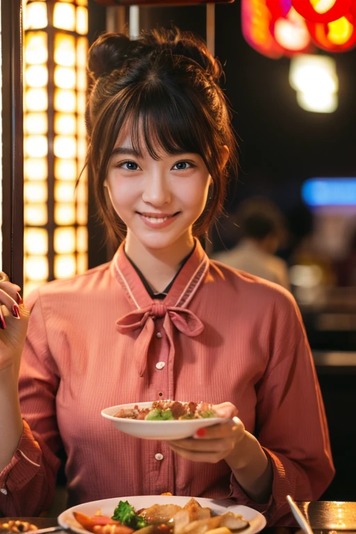 (highest quality, masterpiece:1.2), Beautiful 18 year old Caucasian girl, very cute, blouse, 1 1.8, Soft Light, Raw photo real, The skin texture is very fine, Without makeup, Joyful、looks fun、Chinatown,Meat Bunを食べる、 short hair, Depth of written boundary, High resolution, Very detailedな, In detail, Very detailed, Very detailedな目と顔, Sharp pupils, Professional Lighting、Professional photography、Photorealistic、live-action、Meat Bun、eating、looks delicious、Date