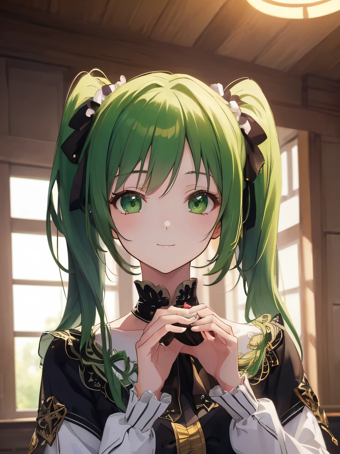 (masterpiece:1.2), highest quality, High resolution, unity 8k wallpaper, (figure:0.8), (Beautiful fine details:1.6), Highly detailed face, Perfect lighting, Highly detailed CG, (Perfect hands, Perfect Anatomy), One girl,indoor, 1 girl,  alone,  Light green eyes,Looking at the audience,  bangs, A light smile, Pigtails，Green Hair，Pigtails，Looks boring