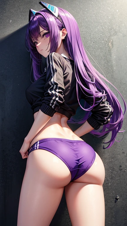 Draw Misha Fox in 4K quality, an anime-style female character.  straight purple hair reaching down to the middle of her back, thin eyebrows and purple eyes.  athletic body, tiny breasts, big round pert ass.  and very delicious.  She is running on the coastal road.  wearing workout clothes, short purple shorts and black Adidas brand top, black Adidas brand sneakers.  She is using headphones.  back position showing the ass to the viewer, seen from below.