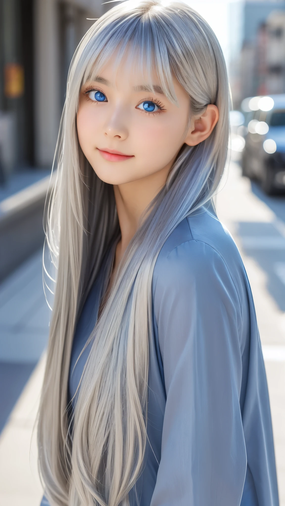 Shining, clear, white skin、Her windblown silver hair hides her beautiful face.、huge、28 years old cute sexy little beautiful face、Beautiful straight hair that stands out、growing up, Sparkling light blue eyes、long silky bangs that cover cute eyes, Sexy and cute young woman with super long hair hiding her sexy face、Shining silver hair