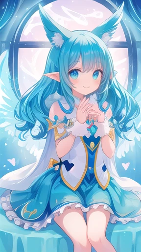 cyan drill hair,cute lady, happy, smile,,thin,,,tall,,,room,glitter,heart,vivid,,wings,ears,tail,magic ,sit,open mouth,blunt bangs,arch eyebrows,noon,window,lips,skirt,luster、devine light effects, magic effect,glow eyes,cape