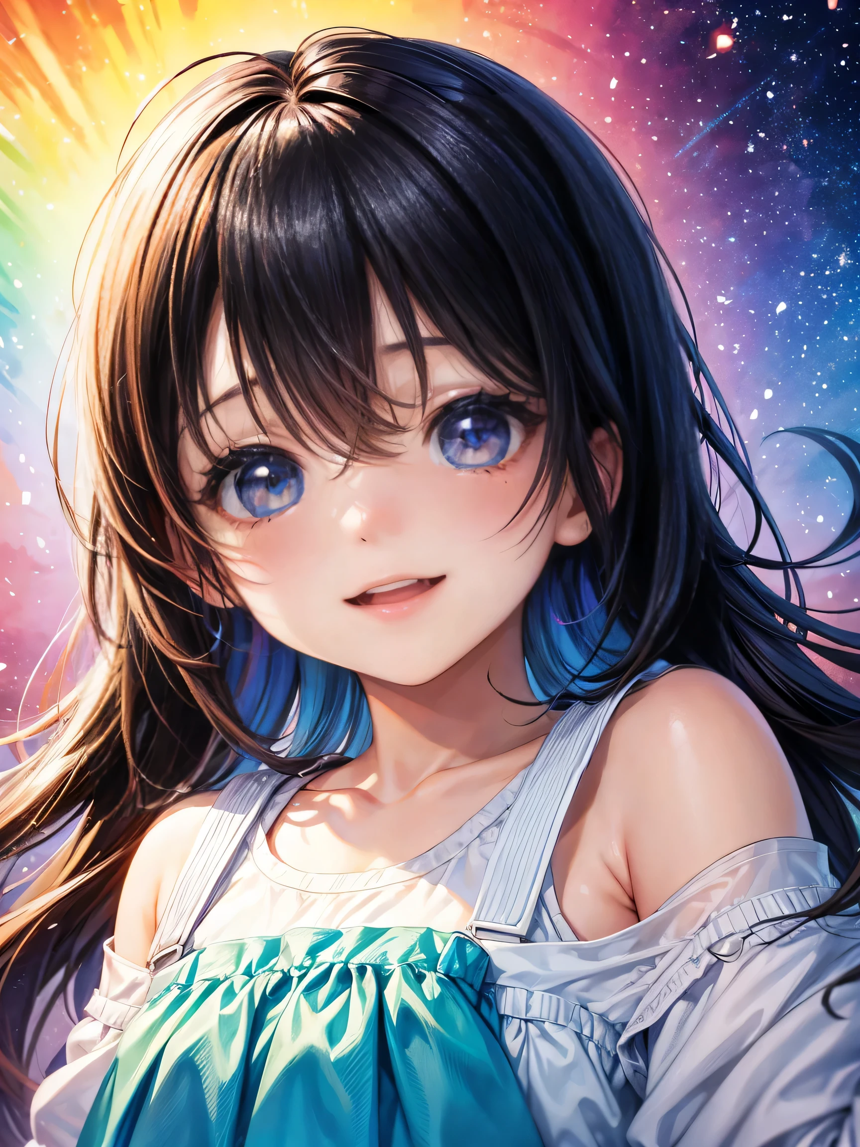 Rainbow Eyes、Elementary school girl、Close-up of face、cute、Laughter、masterpiece、vivid、Eye emphasis