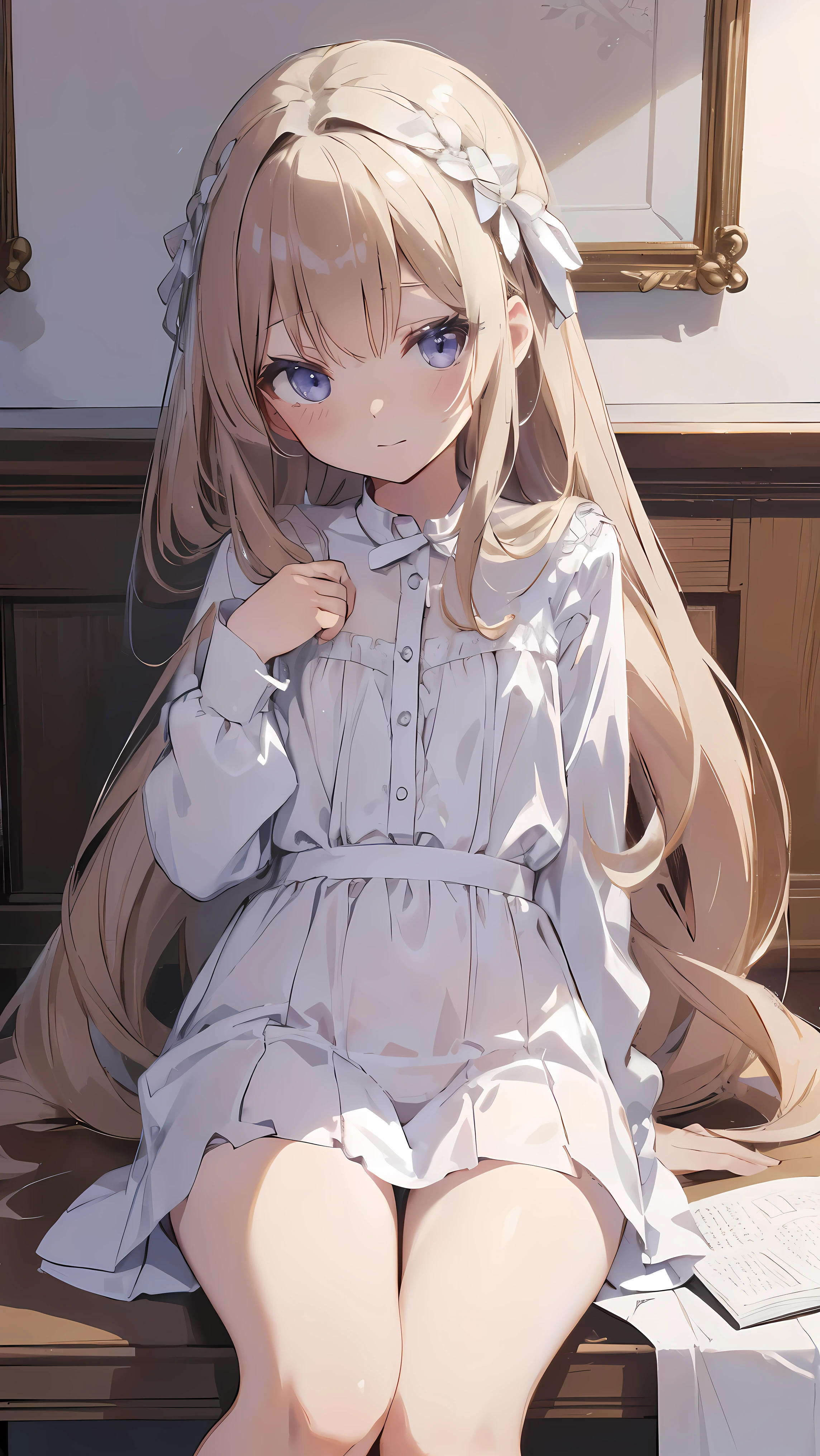 Masterpiece、Highest quality、highest quality、(((Lori)))、 ((((Petite))))、Shiny hair quality、Small face、Sitting、Super detailed, beautiful, wide eyes、Ultra-detailed, clear and beautiful faces、(cute illustration:1.2), High-resolution, ultra-detailed, best quality, embarrassed 、Cute white underwear、Thighs