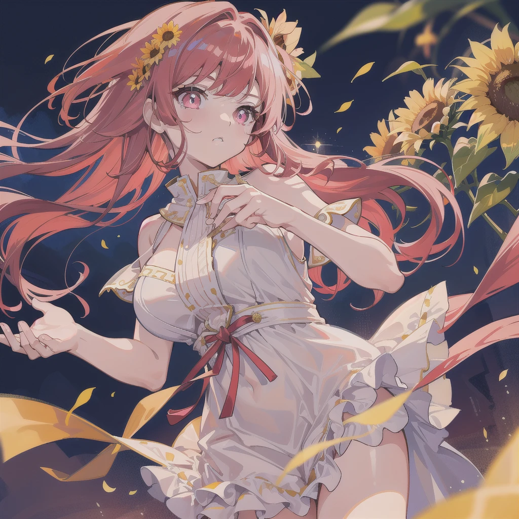 8K, masterpiece, best quality, night, full moon, 1 girl, mature woman, sister, woman with long red hair, long wavy hair, light pink lips, calm, rational, bangs, light brown pupils, wearing a sunflower on her head, flower background, dancing petals, delicate face, delicate hands, closeup