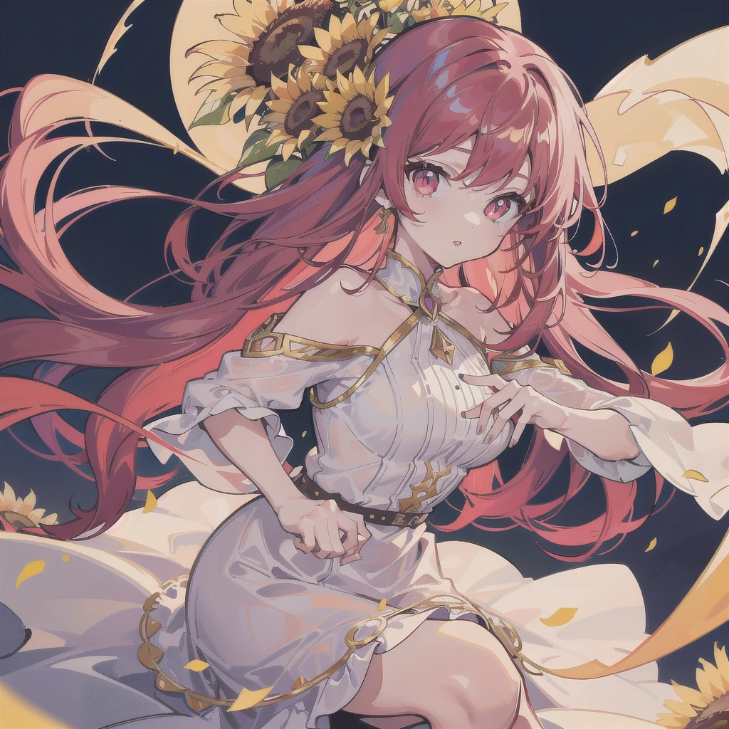 8K, masterpiece, best quality, night, full moon, 1 girl, mature woman, sister, woman with long red hair, long wavy hair, light pink lips, calm, rational, bangs, light brown pupils, wearing a sunflower on her head, flower background, dancing petals, delicate face, delicate hands, closeup