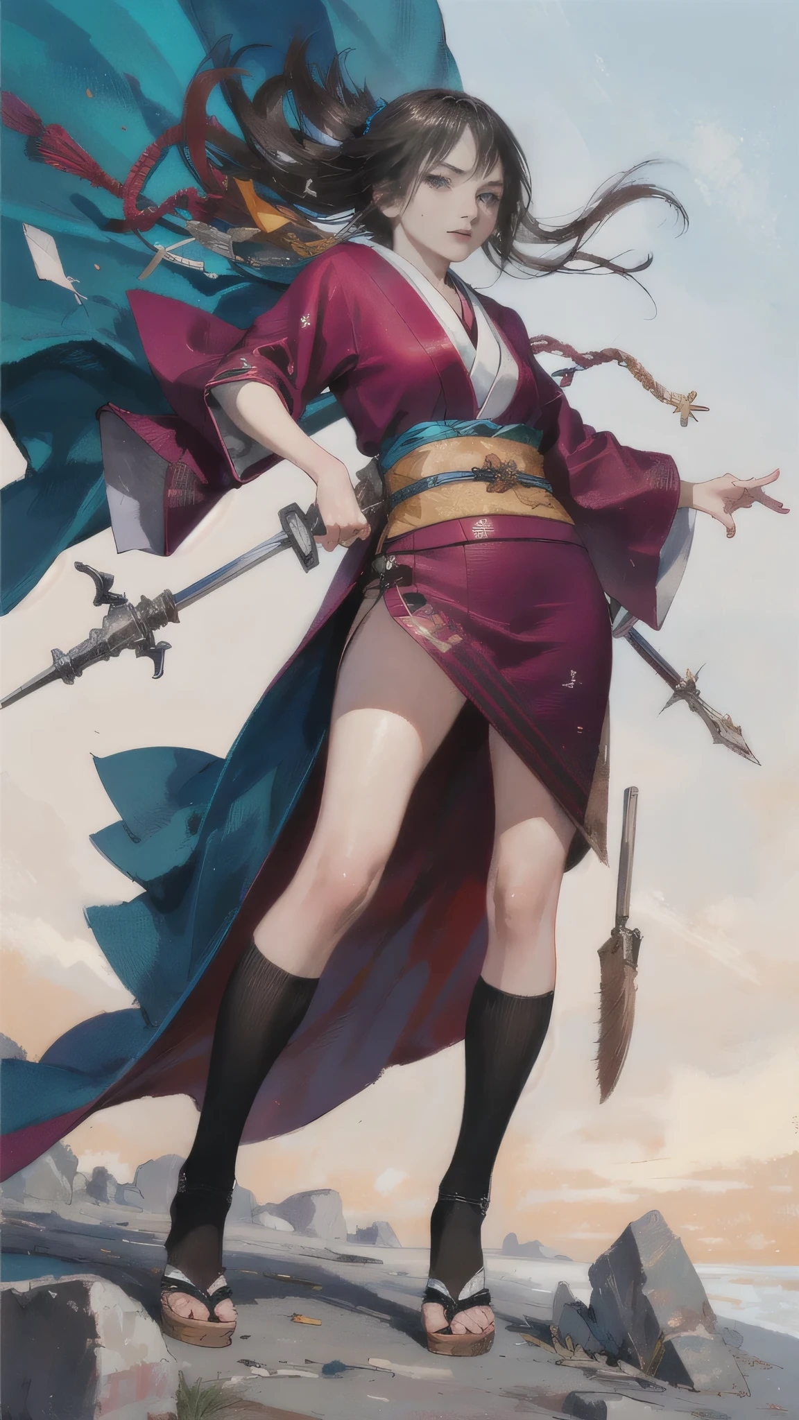 (highest quality,High resolution),Detailed portrait of a Japanese woman who is an Iaigiri master,22 years old, 1 female, [A suit made of high-quality fabric],[Sensual,attractive],[Disheveled Hair],Showing off agility,[whole body],Attacking from a crouching position