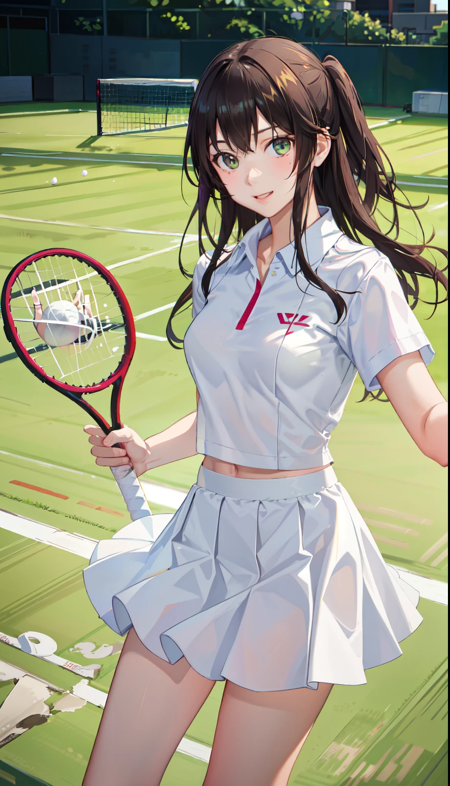 Shibuya rin, 1The girls、shirts、preated skirt、17yearsold、Bob Hair Style、smile on face、delightful、enmaided、Chromo-white skin、green Eyeedium tits)、Playing tennis、Wimbledon、Wearing white tennis wear、Bright lighting、(accurate fingers)、5This refers to、brown long hair