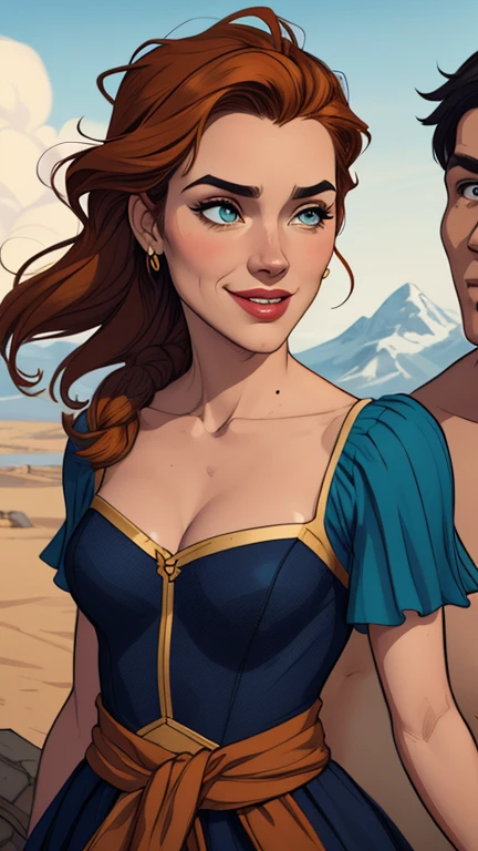 Personagem mulher estilo atompunk Fiona rainha Anna de Arendelle com marcas de guerras Imagem de desenho animado de uma mulher .Ilustra??o estilo desenho animado, estilo de arte dos desenhos animados, estilo de arte dos desenhos animados, digital illustration style, estilo atompunk design de personagens altamente detalhado, arte digital detalhada coragem, Forest fan art, Design de personagens de retrato, beautiful digital illustration, retrato de alta qualidade, Arte em quadrinhos, mulher jovem cabelo com transas lindas . Queen Anna of ArendelleBeautiful lined eyes Medium large bust and wonderful sexy clothes. image expression of sexual desire from waist to head illustration Queen Anne of Arendelle atompunk style Fallout 4 style pose playboy magazine sensual witch Character cartoon style facial expression happy beautiful smile and six medium small portrait mode waist up with lots of gold around her other stones precious portrait mode waist up queen of the south Jennifer Connelly GTA scenery dominatrix gold coins chest with jewelry with her boyfriend, um homem com barba preta, armado com um estilo militar,