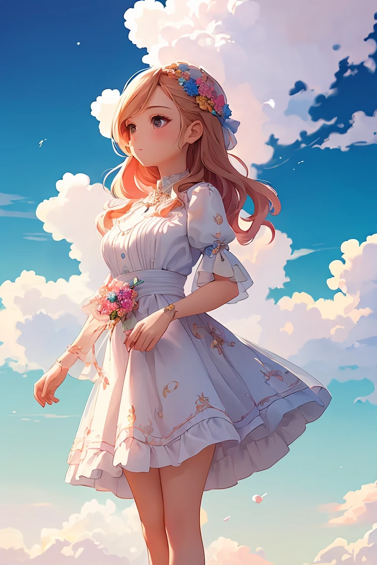 ( Extremely detailed, Best details, Official Art, Beauty and aesthetics: 1.2), Depth of written border, composition, whole body, (a bit), (Beautiful and detailed: 1.3), (wonderful:1), Colorful clouds blurred background,1girl,