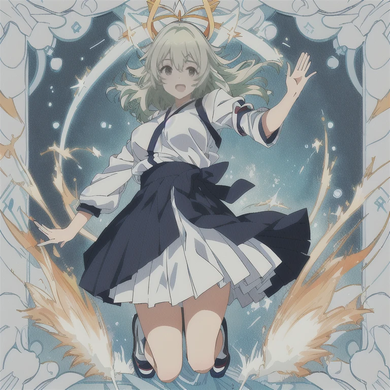 An anime girl in a skirt and white shirt is jumping, Anime Moe Art Style, jump Pause, Marin Kitagawa Fanart, anime Pause, Fubuki, whole body!! dynamic Pause, ikki tousen, Tatsumaki, various Pause, Pause(Raise the hand + Happy), Hinata Hyuga, Burning, !!whole body portrait!!