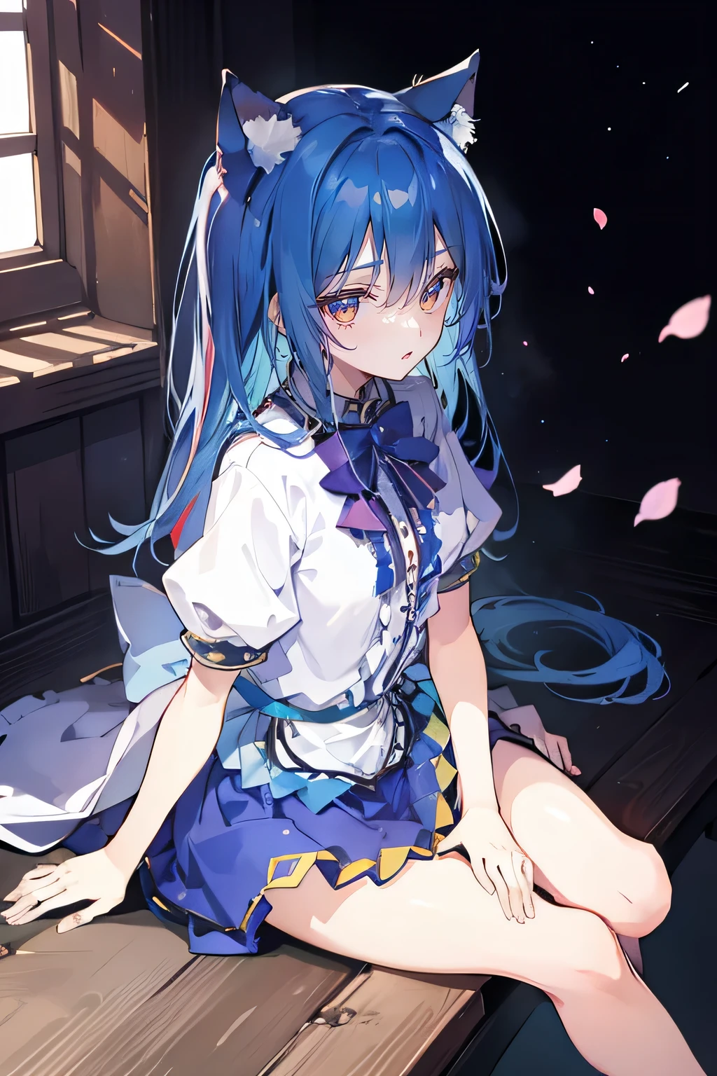 (masterpiece:1.2),ultra-detailed,realistic,expressive eyes,fair-skinned,perfectly shaped face,1girl,
Japanese cartoons,Gorgeous blue hair, flowing blue hair,floating clothes,cat ears,petals falling,beautiful Lola,Hina Angel,
hands on waist,gracefully sitting on the ground,legs crossed,gentle and serene background,cool and comfortable pavilion,shy face ,night .