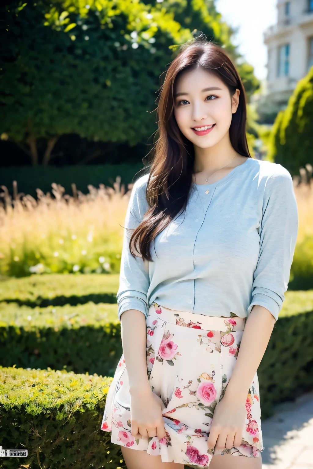 ulzzang-6500-v1.1, (RAW Photos:1.2), (Photorealistic), (Genuine:1.4), (Mastepiece), masterpiece, highest quality, Absurd, Perfect Anatomy, One girl, alone, Pascal Tales, short hair, beautiful, Hilarious, sunny day, botanical garden, Summer winds, Sundress, Floral, Straight Hair, smile, skirt lift:1.5