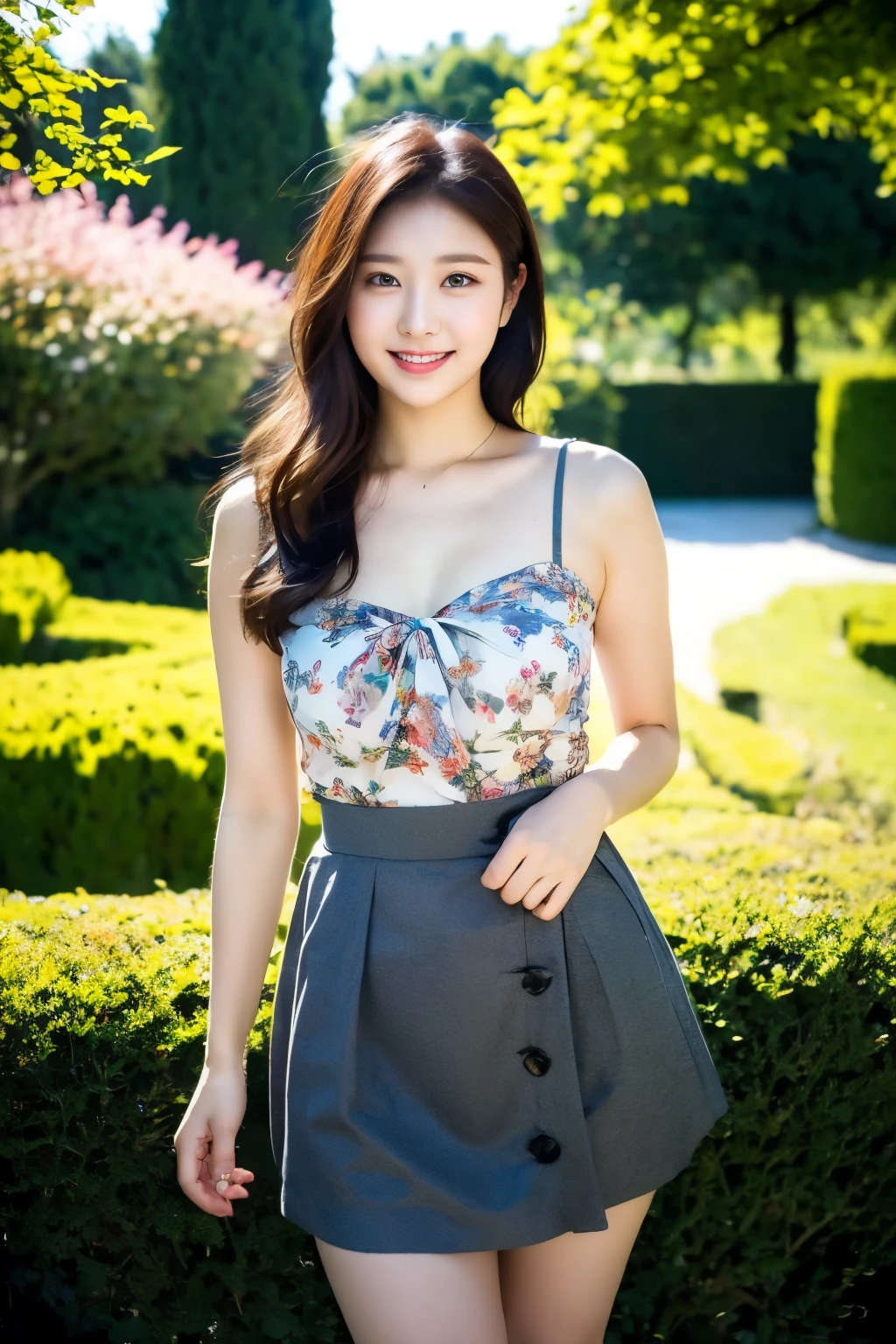 ulzzang-6500-v1.1, (RAW Photos:1.2), (Photorealistic), (Genuine:1.4), (Mastepiece), masterpiece, highest quality, Absurd, Perfect Anatomy, One girl, alone, Pascal Tales, short hair, beautiful, Hilarious, sunny day, botanical garden, Summer winds, Sundress, Floral, Straight Hair, smile, skirt lift:1.5