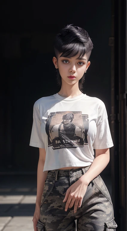 8k, Tabletop, RAW Photos, highest quality, Realistic, Highly detailed CG Unity 8k wallpaper, Depth of written boundary, Professional Lighting, Ray Tracing, (Very beautiful face, Beautiful Lips, Beautiful Eyes), Exquisitely detailed face, ((Highly detailed skin)) One Girl, Deep Shadow, beautiful girl, ((View your viewers)), (A seductive smile), (Blurred Background), (Large Breasts), Clear Eyes, Black Background, Front shot, (Pale skin), Look forward, (Big eyes), (Upper Body Shot), (Camel Toe), (Camouflage T-shirt), (High Top Fade Hair:1.5), ((I can see your pants:1.3)),