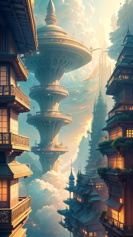 ((serene girl)) A city on clouds, with flowing hair, vivid and lively surroundings, tall and elegant buildings, airships in the sky, enchanting gardens, calm and tranquil mood, magical atmosphere, benevolent deity's reign over a sky kingdom, inhabitants living harmoniously with nature, distinct and beautiful architectural style, breathtaking landscape.