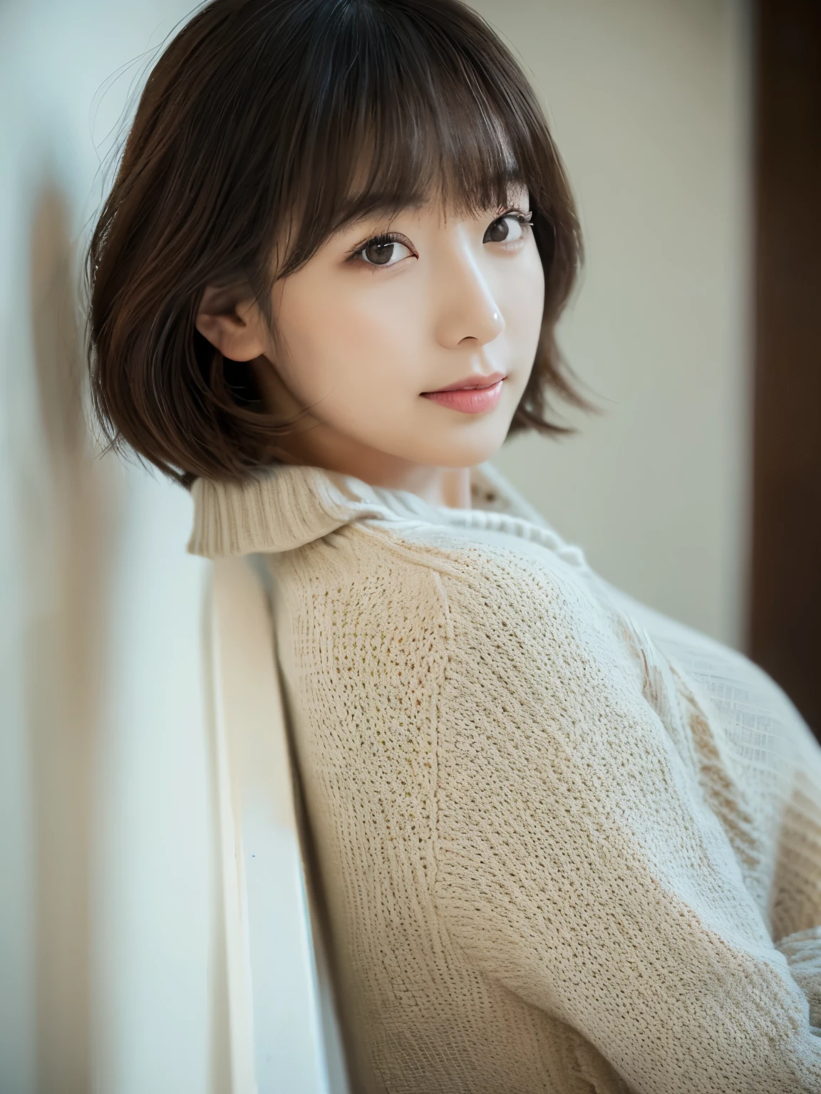 ((masutepiece,top-quality)), (photographrealistic:1.4),((masutepiece,8K)),hight resolution,Studio Soft Light, Rim Lights, vibrant detail, realistic skin textures,Japanese, 1 beautiful woman, Short hair, Wave hair, faint thin bangs, make - up, 38 years, Detailed skin, cardigan, wide-leg pants, White background, White Room,white walls, fully body photo, Looking at Viewer