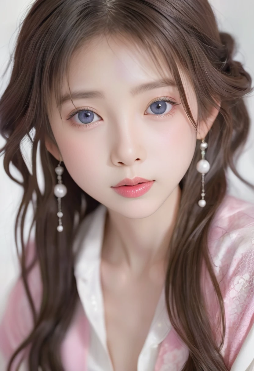 (masterpiece, best quality: 1.2),10-year-old long-haired child，colloid， Sexy eyes，Exquisite eyes，The expression of a kiss，Wet pink and white sexy lips， colloid皮肤，Slim body，earrings（（White clothes）），full-body shot