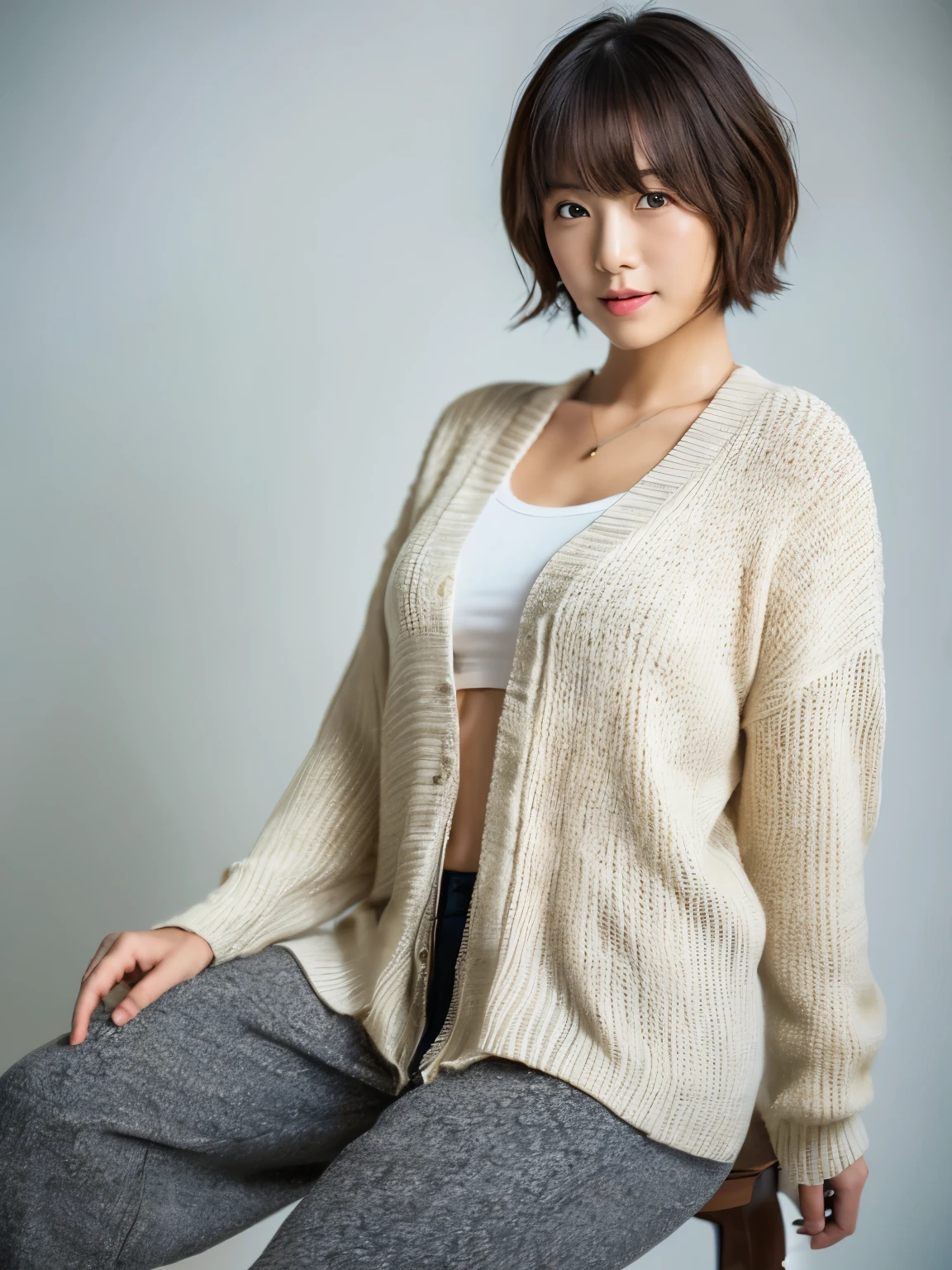 ((masutepiece,top-quality)), (photographrealistic:1.4),((masutepiece,8K)),hight resolution,Studio Soft Light, Rim Lights, vibrant detail, realistic skin textures,Japanese, 1 beautiful woman, Short hair, Wave hair, faint thin bangs, make - up, 38 years, Detailed skin, cardigan, wide-leg pants, White background, White Room,white walls, fully body photo, Looking at Viewer