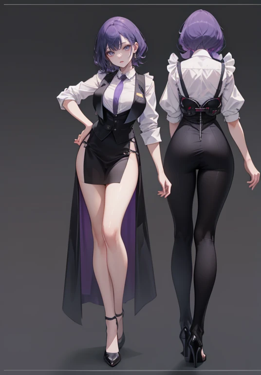((Perfect Face)),Purple Hair,Shortcuts,Adult female,bartender,((Harness)),Black vest,((Shirt with rolled up sleeves)),tie,((slit)),High heels,,((Simple Background)),smile,((whole body)),((full body)),Character portrait,upright,,Both arms are lowered,upright,