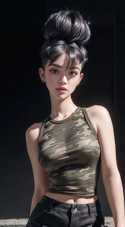 8k, Tabletop, RAW Photos, highest quality, Realistic, Highly detailed CG Unity 8k wallpaper, Depth of written boundary, Professional Lighting, Ray Tracing, (Very beautiful face, Beautiful Lips, Beautiful Eyes), Exquisitely detailed face, ((Highly detailed skin)) One Girl, Deep Shadow, beautiful girl, ((View your viewers)), (A seductive smile), (Blurred Background), (Large Breasts), Clear Eyes, Black Background, Front shot, (Pale skin), Look forward, (Big eyes), (Upper Body Shot), (Camel Toe), (Camouflage T-shirt), (High Top Fade Hair:1.5), ((I can see your pants:1.3)),