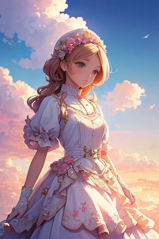 ( Extremely detailed, Best details, Official Art, Beauty and aesthetics: 1.2), Depth of written border, composition, whole body, (a bit), (Beautiful and detailed: 1.3), (wonderful:1), Colorful clouds blurred background,1girl,