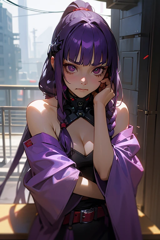 1 girl, Blunt bangs, Braiding, Wide sleeves, hair ornaments, Red Belt, (Purple Hair:1.2), Very long hair, Straight hair, Looking at the audience, Highly detailed background, (Realistic:1.2), Beautiful Eyes, Red eyeshadow, Written boundary depth,thigh, (Ulzzang-6500:0.7), Upper Body, (alone:1.2), (Cyberpunk City:1.1), Cleavage, Shiny skin、Sit at the bar counselor、Hair blowing in the wind、Please touch your cheeks with both hands...、Touching hair with both hands、ponytail、Angry face、