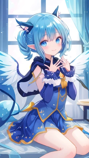 blue drill hair,cute lady, happy, smile,,thin,,,tall,,,room,glitter,heart,vivid,,wings,ears,tail,magic ,sit,open mouth,blunt bangs,arch eyebrows,noon,window,lips,skirt,luster、devine light effects, magic effect,glow eyes,cape