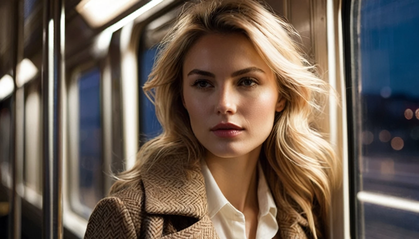 ((half body )) portrait photo of a beautiful 35 years old european woman sitting on a train which is travelling through in a megacity at night, (long wavy blonde hair blown in the wind), wearing beige colored coat with white blouse, side view, looking out the window can see the night lights of the houses, reflections on the train's window, Award - winning photograph, Masterpiece, 8k, ultra high res, hyper detailed, beautiful woman, perfect face, rule of thirds, highly detailed hair, ((detailed face)), ((detailed facial features)), (finely detailed skin), pale skin, intricate details, amazing fine detail, photorealistic, photograph, photorealism, rich colors, lifelike texture, neutral colors, Soft front light,cinematic lighting, dramatic lighting,dappled light on face, backlight on hair, sharp focus, wide angle, film grain, dslr, raw photo, photographed on Nikon