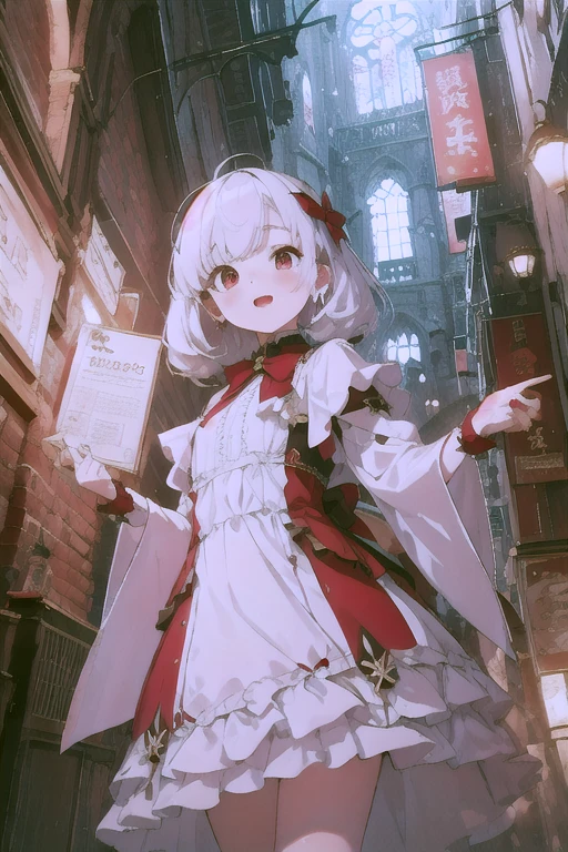 Beautiful illustrations, highest quality, Cute  girl, (Conversion Sequence), Transformation Magical Girl, , White Magical Girl, Fractal Art, albino, Baby F pure white red mesh hair, Beautiful and detailed red eyes, Cinema Lighting, Cowboy Shot, View your viewers, From below, Happy