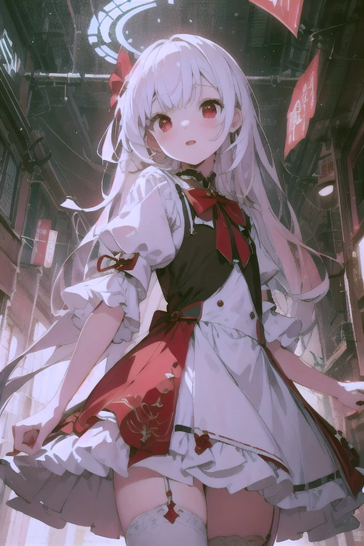 Beautiful illustrations, highest quality, Cute girl, (Conversion Sequence), Transformation Magical Girl, Little, White Magical Girl, Fractal Art, albino, Baby Face, Long pure white red mesh hair, Beautiful and detailed red eyes, Cinema Lighting, Cowboy Shot, View your viewers, From below, Happy