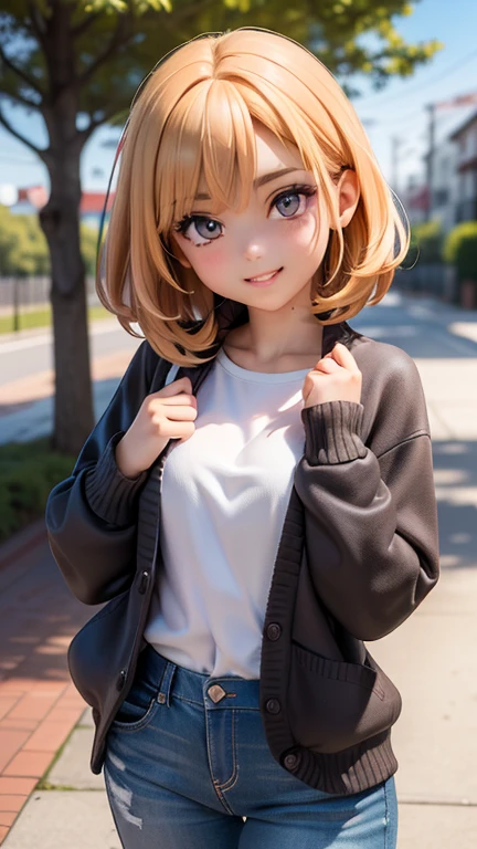 ((Obra maestra, mejor calidad, high resolution, HD, pixel perfect, profundidad de campo, 4k, RTX, hdr))), 1 chica, soltero, solo, hermosa chica anime, Beautiful artistic style, personaje animado, ((pelo largo, golpes, By the chestnut, Pelo RIZADO:0.8)), ((ojos verdes:1.4, ojos redondos, beautiful eyelashes, ojos realistas)), ((cara detallada, rubor:1.2)), ((textura suave:0.75, textura realista:0.65, fotorrealista:1.1, estilo anime generado por computadora)), pechos medianos, dynamic angle, cuerpo perfecto, ((retrato, Punto de vista)), ((pajarita roja, , chaqueta negra, chaqueta abierta, brown cardigan, Camisa blanca, Falda negra, falda a cuadros)), sonrisa, parque de atracciones