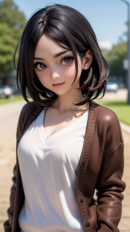 ((Obra maestra, mejor calidad, high resolution, HD, pixel perfect, profundidad de campo, 4k, RTX, hdr))), 1 chica, soltero, solo, hermosa chica anime, Beautiful artistic style, personaje animado, ((pelo largo, golpes, By the chestnut, Pelo RIZADO:0.8)), ((ojos verdes:1.4, ojos redondos, beautiful eyelashes, ojos realistas)), ((cara detallada, rubor:1.2)), ((textura suave:0.75, textura realista:0.65, fotorrealista:1.1, estilo anime generado por computadora)), pechos medianos, dynamic angle, cuerpo perfecto, ((retrato, Punto de vista)), ((pajarita roja, , chaqueta negra, chaqueta abierta, brown cardigan, Camisa blanca, Falda negra, falda a cuadros)), sonrisa, parque de atracciones