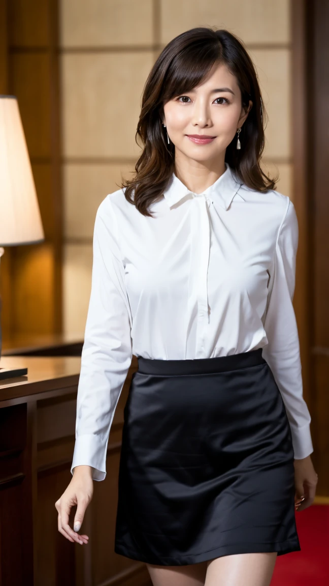 High resolution, High resolution, Attention to detail, masterpiece,(Middle-aged person), Anatomically correct, sharp, ((Japanese Mature)),(80 years old:1.3),(Facial wrinkles), Shapely breasts,Fair skin, Light brown hair,(Semi-long hair), bangs,(((Stand upright, facing the center))),Look at the photographer, Open your mouth and stare straight ahead,(White blouse:1.4),(Tight Skirt:1.3),(Sitting),(Thighs:1.1),Inside the warehouse,(Serious expression:1.2),(old woman:1.2),(Mature prostitute:1.5)