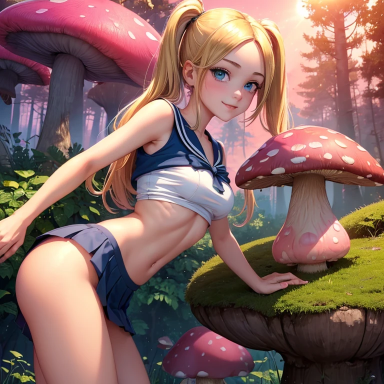 (masterpiece, best quality:1.4), (8K), Young blonde beauty, (((18 years old, neat girl))), detailed blue eyes, long eyelashes, blush, kind smile, upper body, sailor uniform top, crop top, underboob, small ass, slender thin legs, pink skirt, (looking at viewer), beautiful blonde hair, white-skinned, long hair, bangs, pigtails, (medium size breasts), (mushroom forest, celestial forest, beautiful and magnificent pink sunshine, majestic sky), colorful natural light)