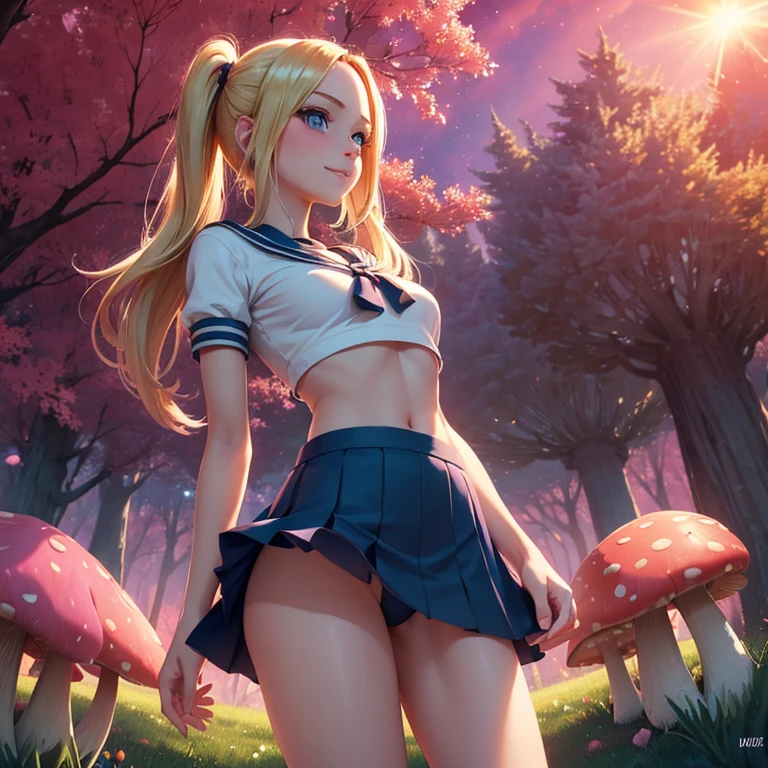 (masterpiece, best quality:1.4), (8K), Young blonde beauty, (((18 years old, neat girl))), detailed blue eyes, long eyelashes, blush, kind smile, upper body, sailor uniform top, crop top, underboob, small ass, slender thin legs, pink skirt, (looking at viewer), beautiful blonde hair, white-skinned, long hair, bangs, pigtails, (medium size breasts), (mushroom forest, celestial forest, beautiful and magnificent pink sunshine, majestic sky), colorful natural light)