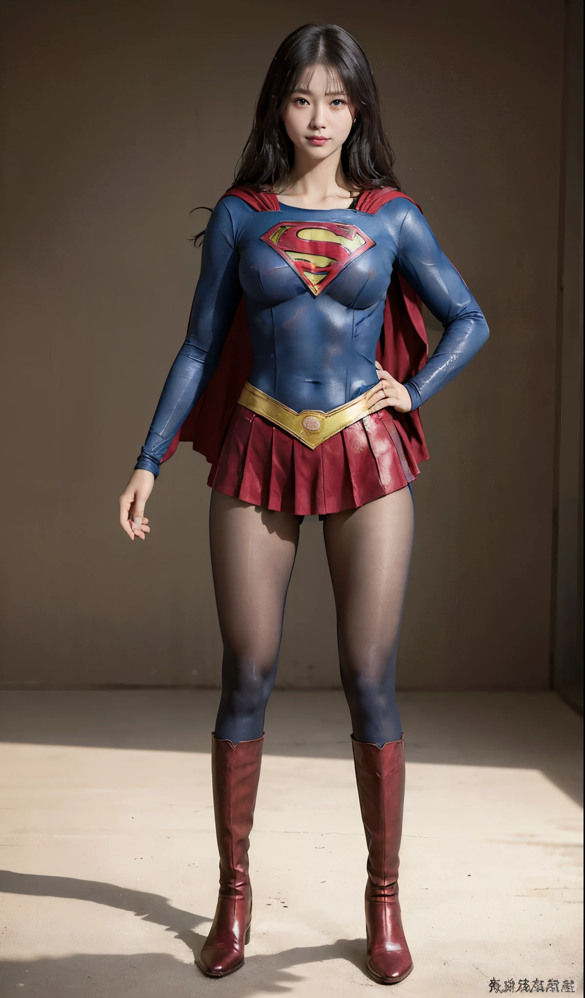 No background、(((Beautiful legs in black tights.)))、(((Legally express the beauty of your smile)))、((((Make the most of your original images)))、(((Supergirl Costume)))、(((Beautiful Hair)))、(((suffering)))、(((Please wear black tights....、Wear red boots)))、((Best image quality、8K))、((highest quality、8K、masterpiece:1.3))、(((Preserve background )))、Sharp focus:1.2、Beautiful woman with perfect figure:1.4、Thin abdominal muscles:1.2、Wet body:1.5、Highly detailed face and skin texture、8K