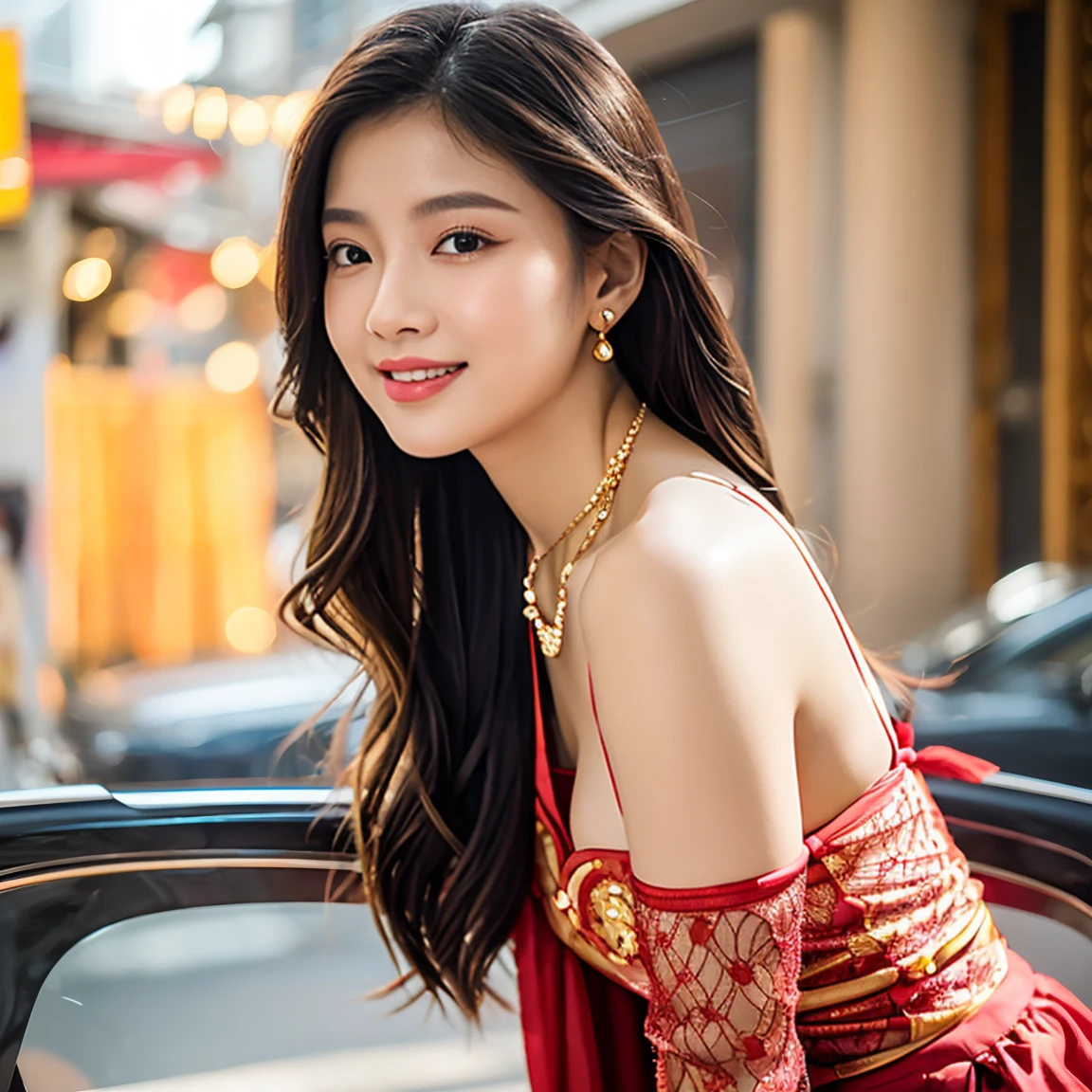 Beautiful girl: Asia, siêu dễ thương;
age: from 18-20 years old;
hair: copper orange color, smooth, lung linh dưới sunlight, detail;
skin: milk white, rosy and flawless;
eye: jet black, sexy, trong trẻo, siêu detail, charming, trang điểm high solution, true, attract viewers;
mí eye: delicate, Perfect Beauty;
eyebrow: cong, high solution;
Face: beautiful, pure, like a fairy, Gentle makeup, lovely, Perfect balance, đẹp đến từng detail;
nose: xinh, cao;
cheekbone: prominent;
lip: charming, light red lipstick, son bóng lovely;
răng: illustrious, Lily-white;
Charming smile, Show off your bright white teeth;
ngực: full, Deep chest slit, ((căng)), clothing lót chật, pointed nipples;
clothing ngực: bright red, Rent vàng, metal, silver mesh;
underwear: red lace, viền metal, tight;
Body shape: full, charming, full of youth;
accessory: ruby necklace, bông tai ruby, hình xăm;
clothing: silk fabric, White, piercing;
dress: tight, piercing, Rent, thin, hở hang;
Fashion style: high class female, Modern 2024, luxurious;
Image quality: non-NSFW, 8K CG HD, high solution, Super nice graphics, professional, detail, colourful, ultrafine, advanced techniques, RAW true;
light: luxurious, complex color combinations, black gold rays;
sunlight: twinkle, illuminate the girl's body;
backdrop: street, light rực rỡ;
Girl pose: ((ngồi)), ((legs spread wide)), Focus on the groin.