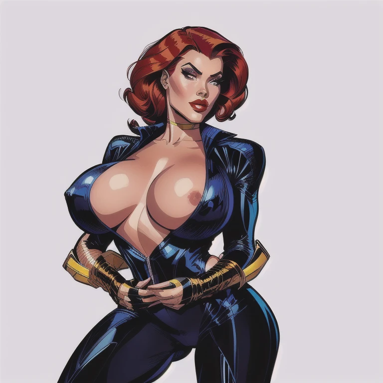 4k, Comic Babes, a drawing of a woman in a black suit and red hair, Black Widow, comic book character, comic character, vixen, comic character design, wearing a black jumpsuit, anya from the spy x family, inspired by Earle Bergey, 90s comic character design, comic pinup style, cartoon style illustration, inspired by Bill Ward, Jessica Coelho