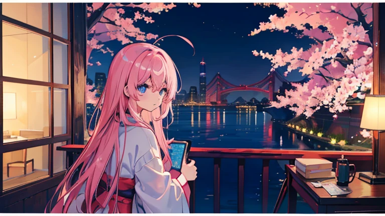 Anime images of Japan1People Girl、 blue eyes、 Pink long hair、 study by looking at the laptop、 Out of the window、 Tokyo cityscape、 night view、 cherry blossoms、 Size is 16:9 please