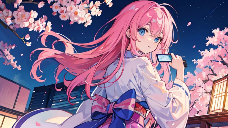 Anime images of Japan1People Girl、 blue eyes、 Pink long hair、 study by looking at the laptop、 Out of the window、 Tokyo cityscape、 night view、 cherry blossoms、 Size is 16:9 please