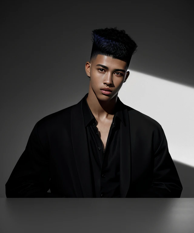 20-year-old,(male:1.3), (High Top Fade:1.4), Dark Theme, Calm tone, Calm colors, High Contrast, (Natural skin texture, Hyperrealism, Soft Light, sharp),(Black suit)
